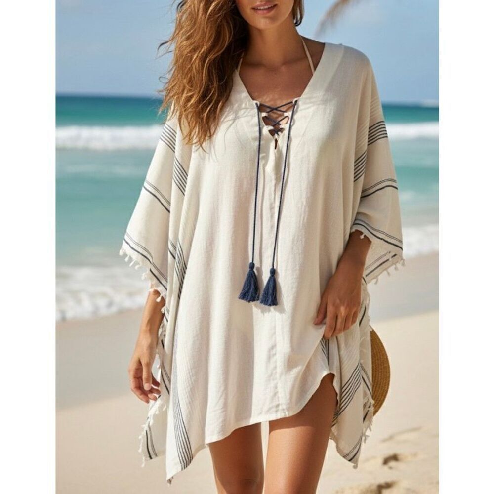 NEW Handloom Swim Cover Up‎ Poncho kimono One size Cream Boho Bohemian